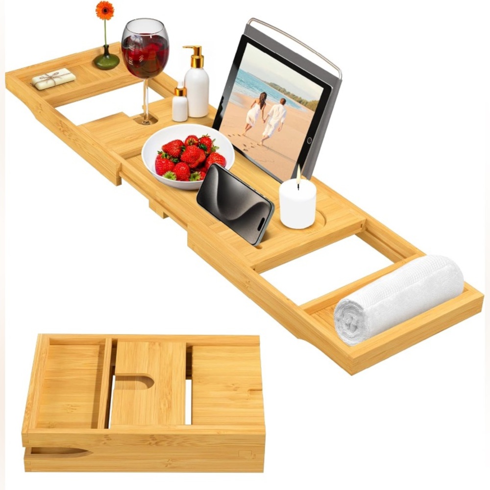 Bamboo Bathtub Tray Table - Collapsible & Adjustable Bathtub Caddy